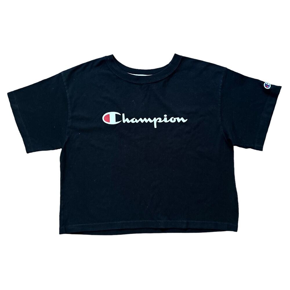 Champions Womens Size Small Cropped Top Black Short Sleeve C-Life Heritage Logo